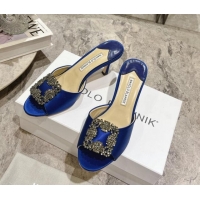 Shop Duplicate Manolo Blahnik Hangisimu Satin Heel Slide Sandals 7.5cm with Strass Buckle Blue 507017