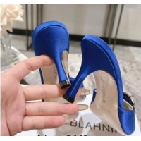 Shop Duplicate Manolo Blahnik Hangisimu Satin Heel Slide Sandals 7.5cm with Strass Buckle Blue 507017