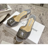 Popular Style Manolo Blahnik Hangisimu Satin Heel Slide Sandals 7.5cm with Strass Buckle Grey 507018