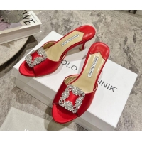 Pretty Style Manolo Blahnik Hangisimu Satin Heel Slide Sandals 7.5cm with Strass Buckle Red 507019