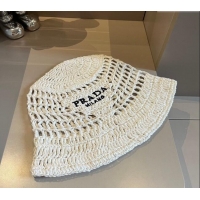 Luxurious Prada Crochet Straw Bucket Hat 0403 White 2024