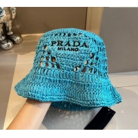 Buy New Cheap Prada Crochet Straw Bucket Hat 0403 Blue 2024