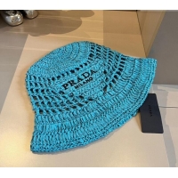 Buy New Cheap Prada Crochet Straw Bucket Hat 0403 Blue 2024