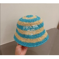 Modern Classic Prada Crochet Straw Bucket Hat 0404 Blue 2024