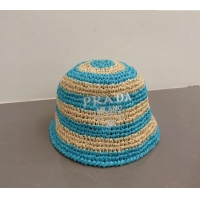 Modern Classic Prada Crochet Straw Bucket Hat 0404 Blue 2024