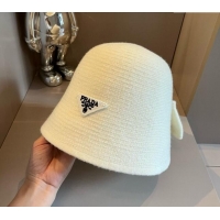 Top Quality Prada Knit Bucket Hat with Logo and Bow 1019015 White 2024