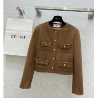 Top Grade Celine Pure Collar Jacket In Patina Finish Suede CE8947 Brown