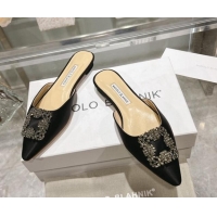 Unique Style Manolo Blahnik Hangisimu Satin Flat Mules with Strass Buckle Black 507022