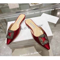 Buy Discount Manolo Blahnik Hangisimu Satin Flat Mules with Strass Buckle Red 507024