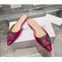 Generous Manolo Blahnik Hangisimu Satin Flat Mules with Strass Buckle Pink 507025