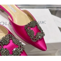 Generous Manolo Blahnik Hangisimu Satin Flat Mules with Strass Buckle Pink 507025