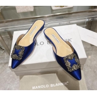 Best Price Manolo Blahnik Hangisimu Satin Flat Mules with Strass Buckle Blue 507026