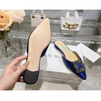 Best Price Manolo Blahnik Hangisimu Satin Flat Mules with Strass Buckle Blue 507026