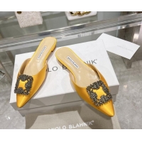 Shop Cheap Manolo Blahnik Hangisimu Satin Flat Mules with Strass Buckle Yellow 507027