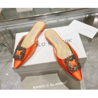 Grade Quality Manolo Blahnik Hangisimu Satin Flat Mules with Strass Buckle Orange 507028