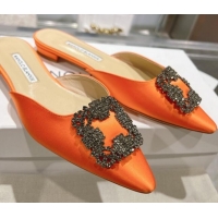 Grade Quality Manolo Blahnik Hangisimu Satin Flat Mules with Strass Buckle Orange 507028