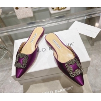 Best Grade Manolo Blahnik Hangisimu Satin Flat Mules with Strass Buckle Purple 507029