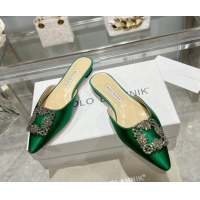 Fashion Luxury Manolo Blahnik Hangisimu Satin Flat Mules with Strass Buckle Green 507030