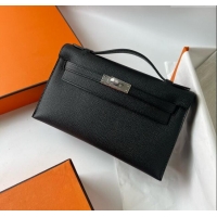 Inexpensive Hermes Mini Kelly Pochette Bag 22cm in Epsom Leather H022 Black/Silver 2024 (Full Handmade)