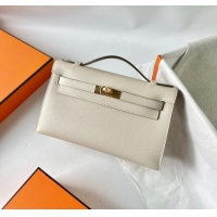 Shop Grade Hermes Mini Kelly Pochette Bag 22cm in Epsom Leather H022 CK10 Milk Shake White/Gold 2024 (Full Handmade)