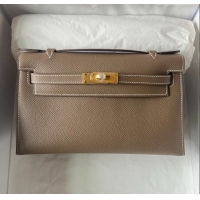 Luxurious Hermes Mini Kelly Pochette Bag 22cm in Epsom Leather H022 CK18 Etoupe/Gold 2024 (Full Handmade)