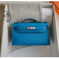 Top Design Hermes Mini Kelly Pochette Bag 22cm in Swift Leather H022 OF Blue/Silver 2024 (Full Handmade)