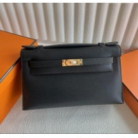 Affordable Price Hermes Mini Kelly Pochette Bag 22cm in Swift Leather H022 Black/Gold 2024 (Full Handmade)