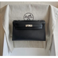 Grade Quality Hermes Mini Kelly Pochette Bag 22cm in Swift Leather H022 Black/Silver 2024 (Full Handmade)