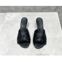 Good Quality Bottega Veneta Blink Heel Slide Sandals 4.5cm in Intrecciato Leather Black 719070