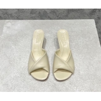 Duplicate Bottega Veneta Blink Heel Slide Sandals 4.5cm in Shiny Lambskin Sea Salt White 719074