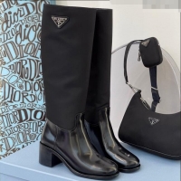 ​Top Design Prada Brushed Leather and Nylon High Boots P102903 Black 2024