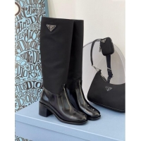 ​Top Design Prada Brushed Leather and Nylon High Boots P102903 Black 2024