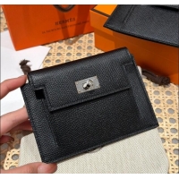 Famous Brand Hermes Kelly Pocket Compact Wallet in Epsom Leather H0010 Black/Silver 2024 (Half Handmade)