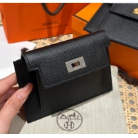 Famous Brand Hermes Kelly Pocket Compact Wallet in Epsom Leather H0010 Black/Silver 2024 (Half Handmade)