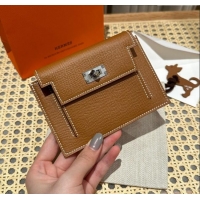 Top Grade Hermes Kelly Pocket Compact Wallet in Epsom Leather H0010 Brown/Silver 2024 (Half Handmade)