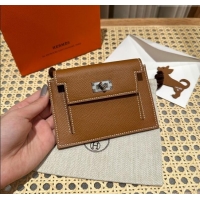 Top Grade Hermes Kelly Pocket Compact Wallet in Epsom Leather H0010 Brown/Silver 2024 (Half Handmade)