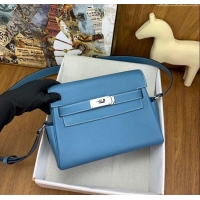 Top Quality Hermes Kelly Messenger Bag in Original Evercolor Leather H0019 Denim Blue/Silver 2024 (Full Handmade)