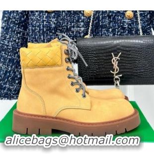 Perfect Bottega Veneta Haddock Lace-Up Ankle Boots with Intrecciato Collar Yellow Suede 903046