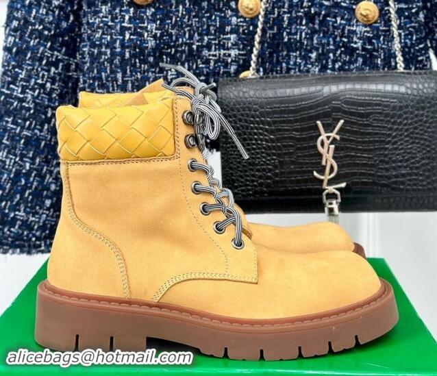 Perfect Bottega Veneta Haddock Lace-Up Ankle Boots with Intrecciato Collar Yellow Suede 903046