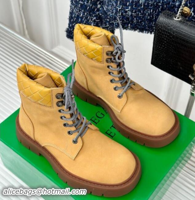 Perfect Bottega Veneta Haddock Lace-Up Ankle Boots with Intrecciato Collar Yellow Suede 903046