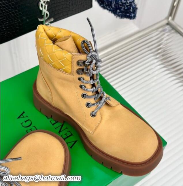 Perfect Bottega Veneta Haddock Lace-Up Ankle Boots with Intrecciato Collar Yellow Suede 903046