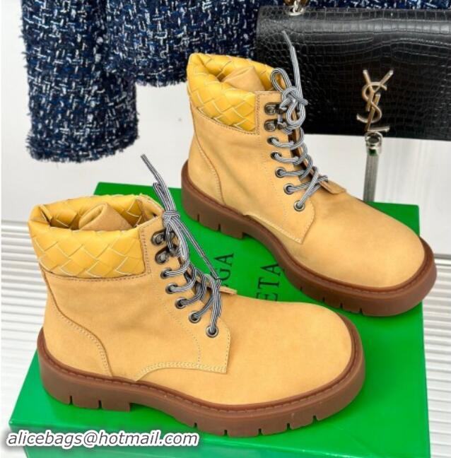 Perfect Bottega Veneta Haddock Lace-Up Ankle Boots with Intrecciato Collar Yellow Suede 903046