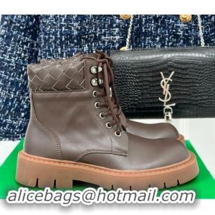 Pretty Style Bottega Veneta Haddock Lace-Up Ankle Boots with Intrecciato Collar Brown Leather 903047