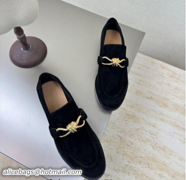 Good Looking Bottega Veneta Astaire Loafers in Suede with Gold-Tone Knot Black 011002