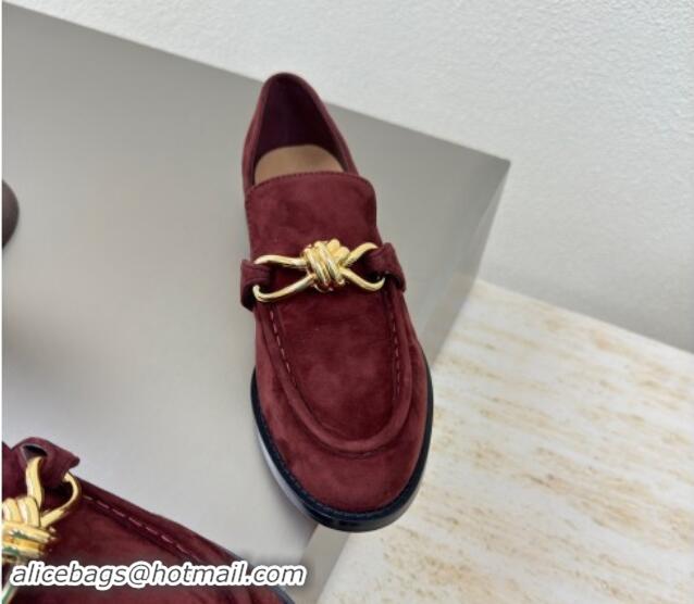 Top Grade Bottega Veneta Astaire Loafers in Suede with Gold-Tone Knot Dark Burgundy 011003