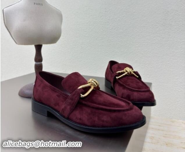 Top Grade Bottega Veneta Astaire Loafers in Suede with Gold-Tone Knot Dark Burgundy 011003