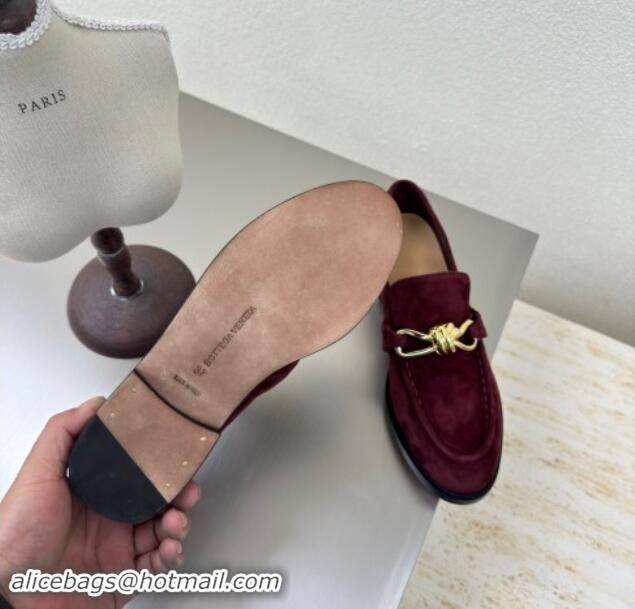 Top Grade Bottega Veneta Astaire Loafers in Suede with Gold-Tone Knot Dark Burgundy 011003