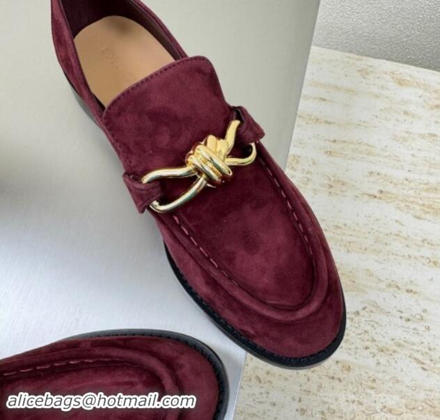 Top Grade Bottega Veneta Astaire Loafers in Suede with Gold-Tone Knot Dark Burgundy 011003