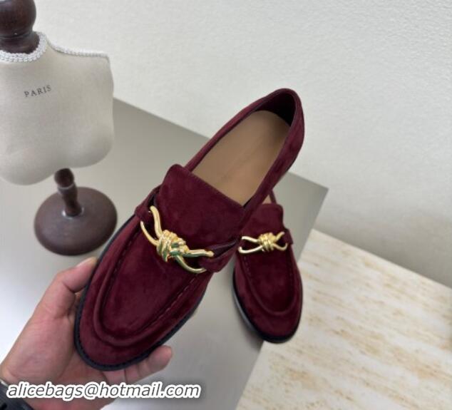 Top Grade Bottega Veneta Astaire Loafers in Suede with Gold-Tone Knot Dark Burgundy 011003