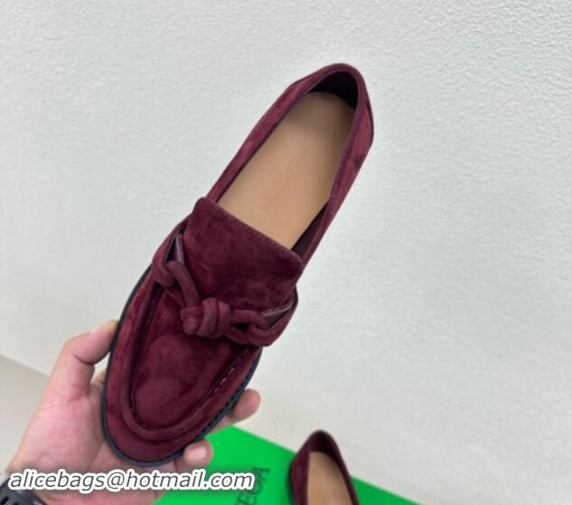 Stylish Bottega Veneta Astaire Loafers in Suede with One-Tone Knot Dark Burgundy 011004